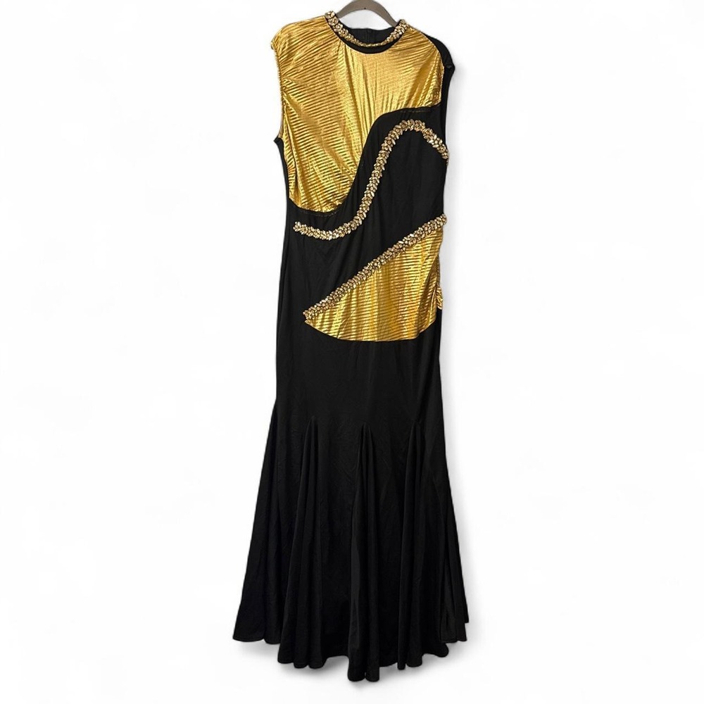 Women's Black and Gold Rhinestone Maxi Bandage Dress Fornal Bodycon Dress - Picture 2 of 8